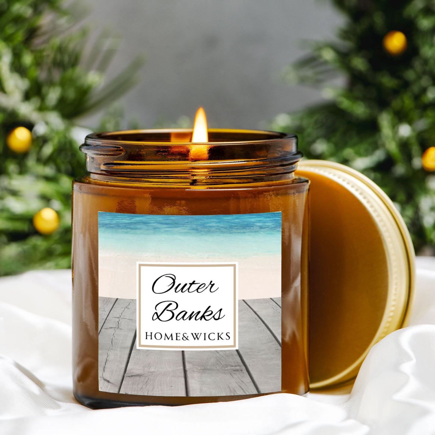Outer Banks Coconut Apricot Wax Candle, 4 oz. Amber Jar, Gold Lid, Cotton Wick - Coastal Beach Scented Candle, Aromatic Woody Aromatherapy