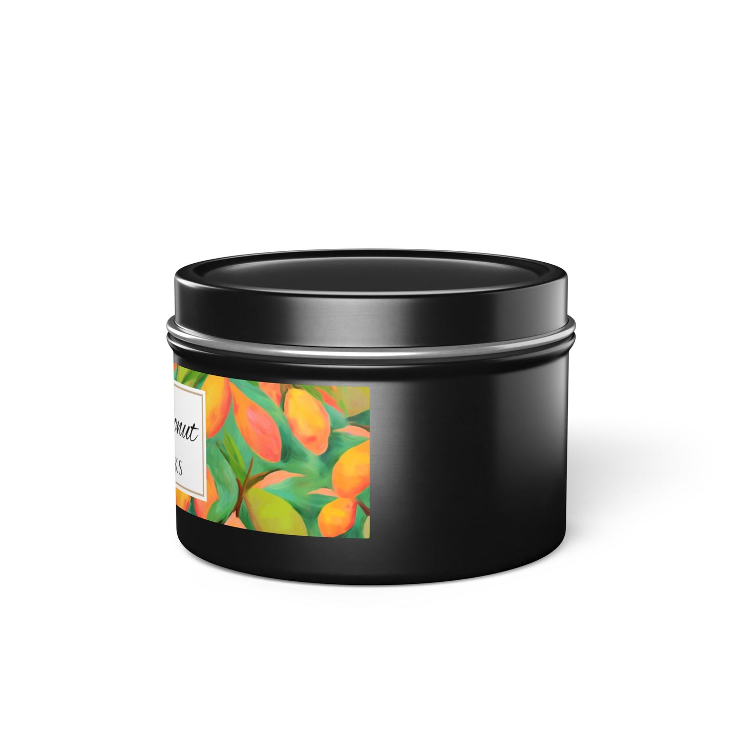 Mango Coconut Scented Coconut Apricot Wax Candle, 4 oz. Black Tin Jar with Lid - Fruity Candle, Gift for Her, Tropical Candle, Summer Decor