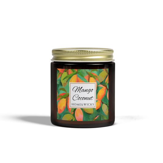Mango Coconut Scented Coconut Apricot Wax Candle, 4 oz. Amber Jar with Gold Lid - Fruity Candle, Gift for Her, Tropical Candle