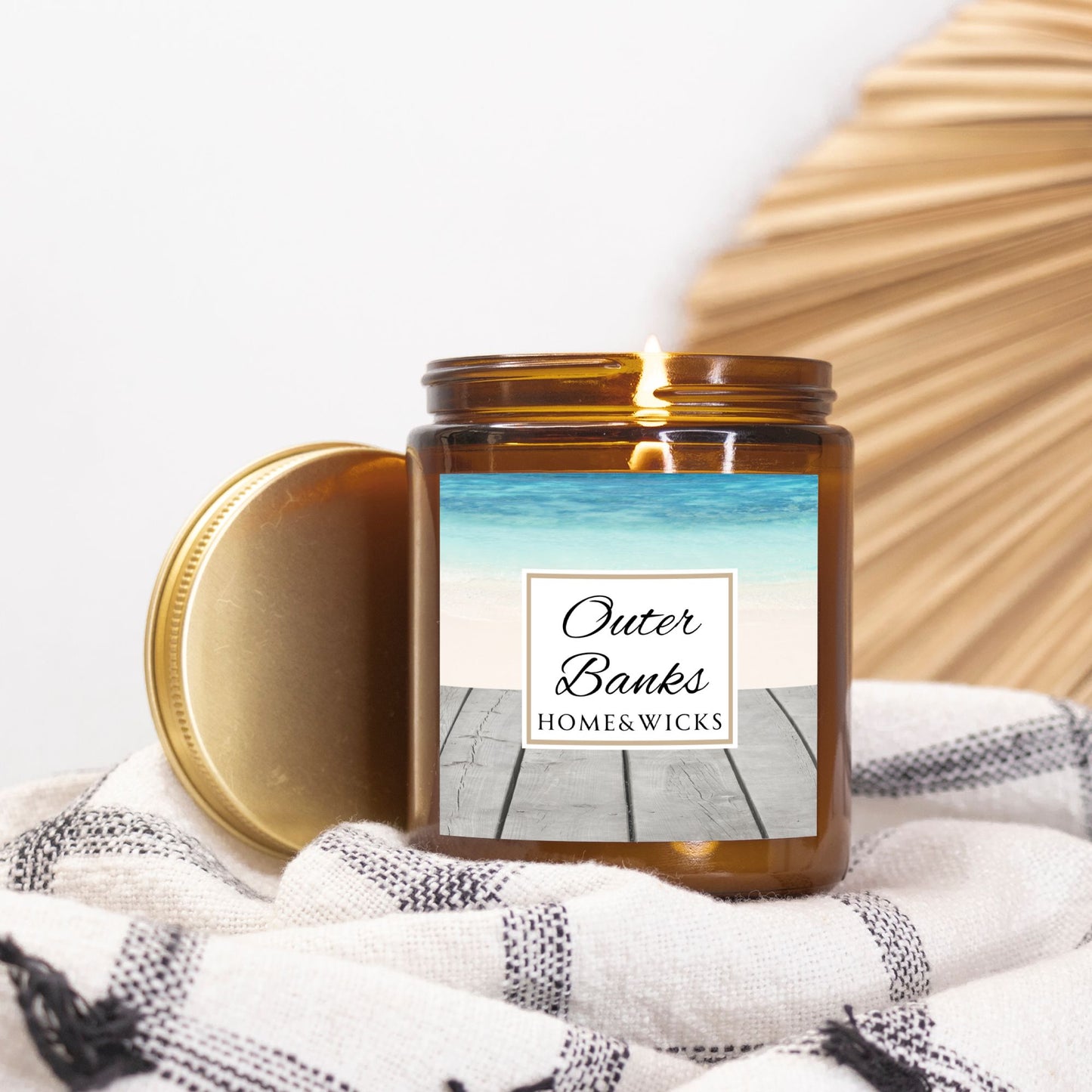 Outer Banks Coconut Apricot Wax Candle, 9 oz. Amber Jar, Gold Lid, Cotton Wick - Coastal Beach Scented Candle, Aromatic Woody Aromatherapy