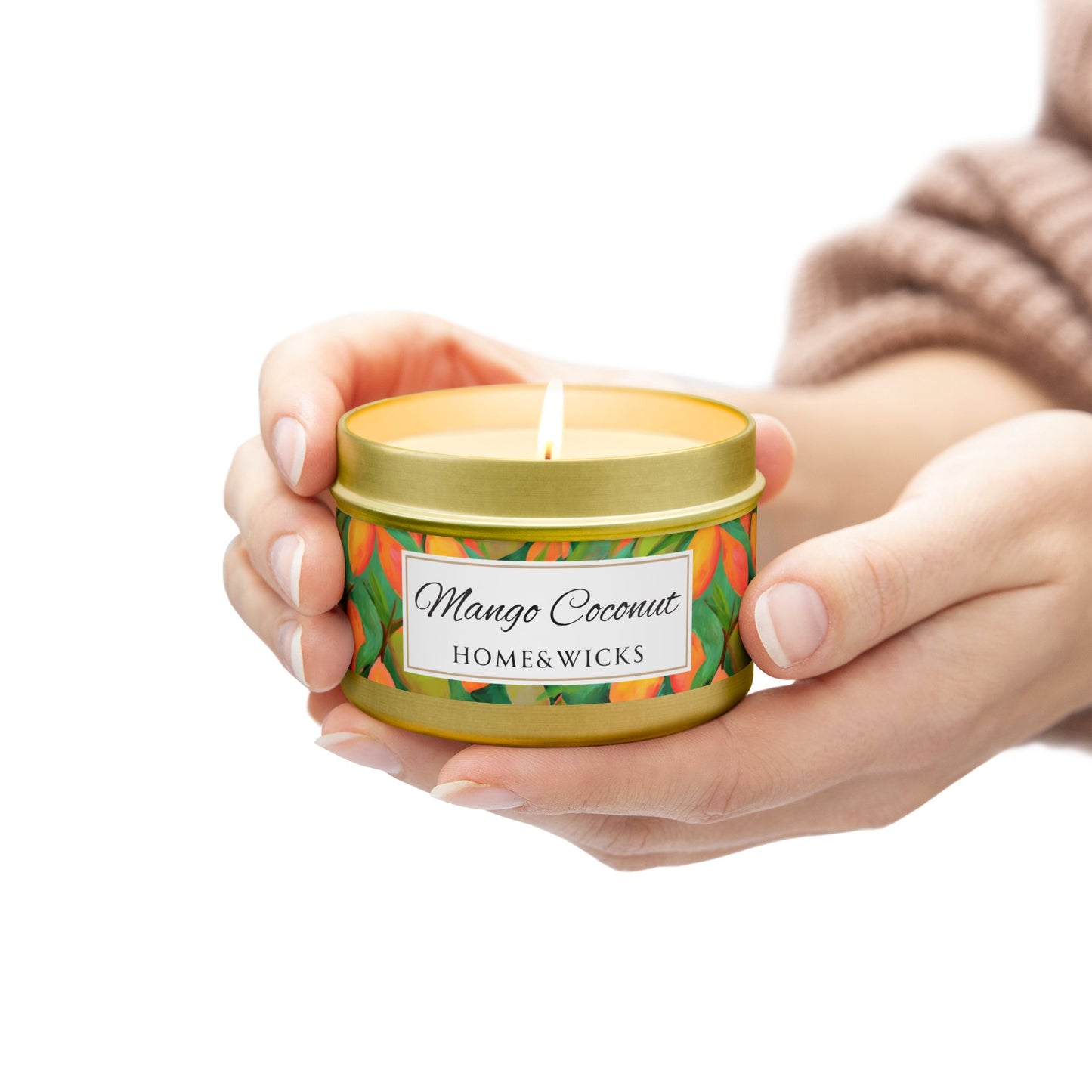 Mango Coconut Scented Coconut Apricot Wax Candle, 4 oz. Gold Tin Jar with Lid - Fruity Candle, Gift for Her, Tropical Candle, Summer Decor