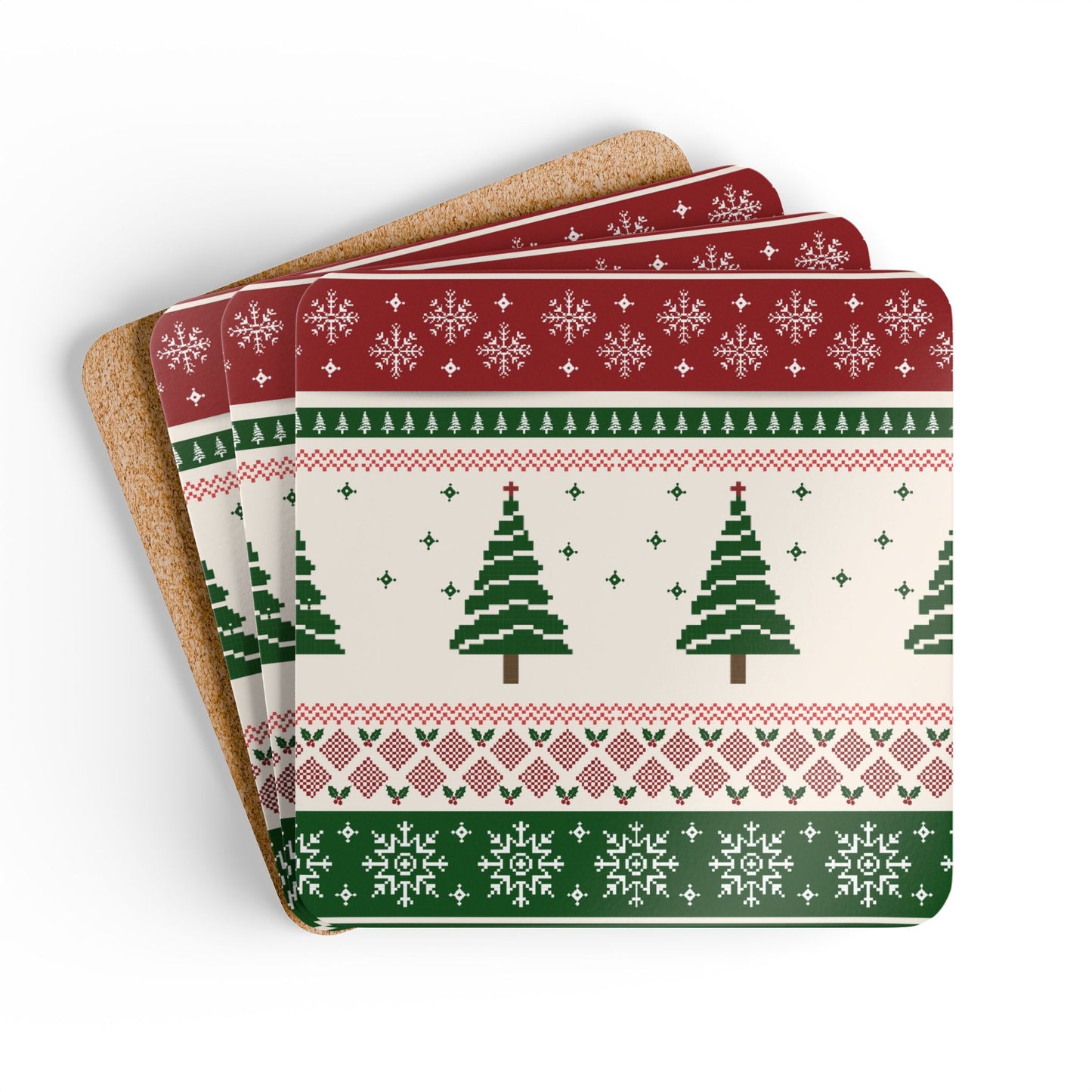 Christmas Trees Coasters, Set of 4, Green and Red Coaters, Christmas Table Decor, Coasters Gift Set, Cork Backed Coasters, Christmas Drink Coasters
