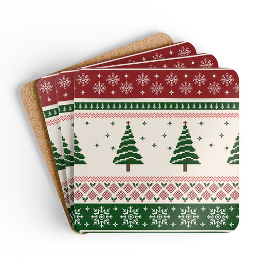 Christmas Trees Coasters, Set of 4, Green and Red Coaters, Christmas Table Decor, Coasters Gift Set, Cork Backed Coasters, Christmas Drink Coasters