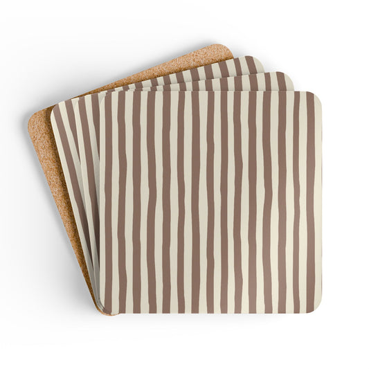 Striped Mocha Square Coasters, Set of 4, Cork Backed Coasters, Farmhouse Home Decor, Fall Autumn Table Decor, Fall Coaster Gift Set, 3.75" x 3.75"
