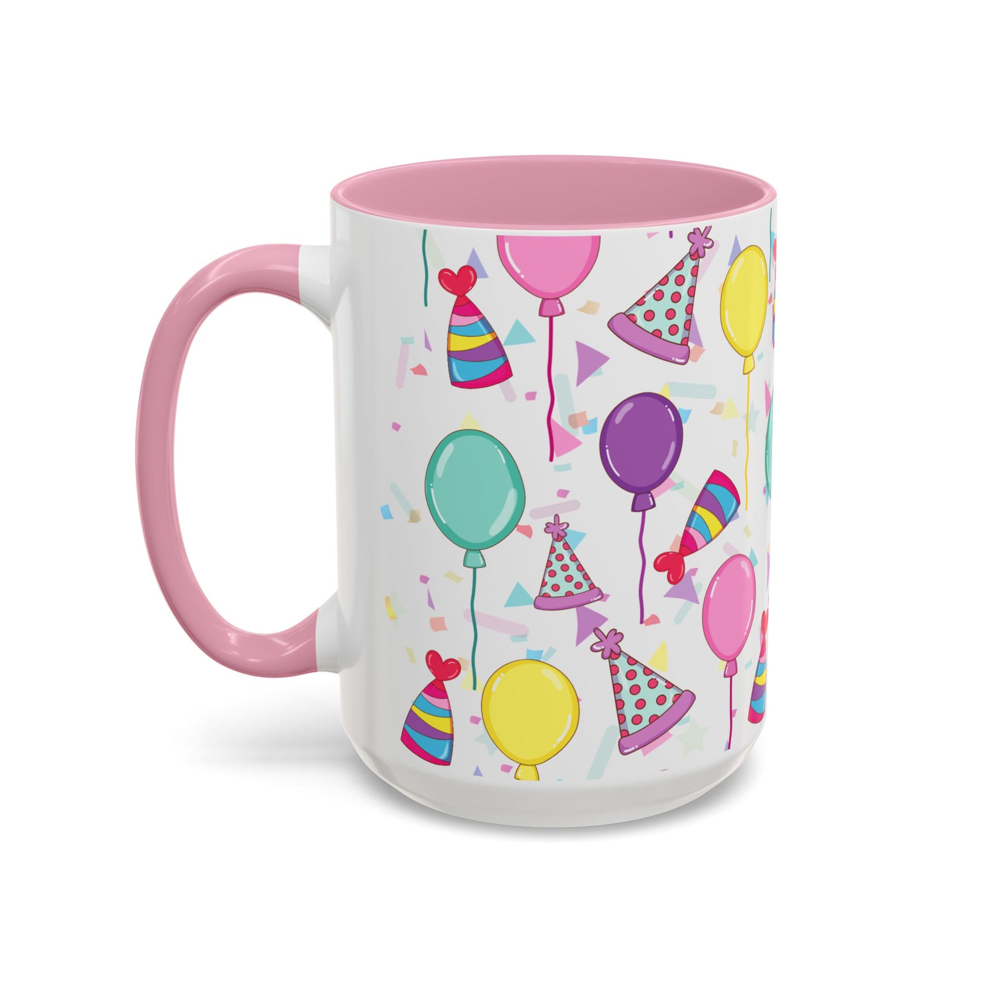 Happy Birthday mug with pink accent color with birthday hats, confetti and balloons pattern on a white background