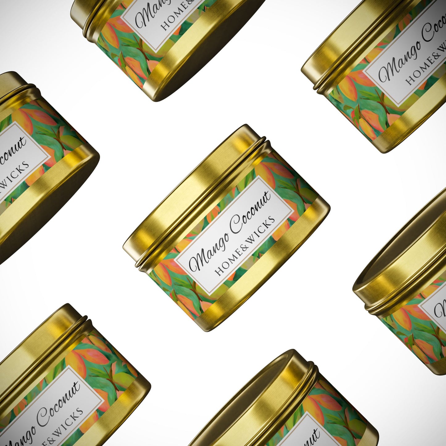 Mango Coconut Scented Coconut Apricot Wax Candle, 4 oz. Gold Tin Jar with Lid - Fruity Candle, Gift for Her, Tropical Candle, Summer Decor