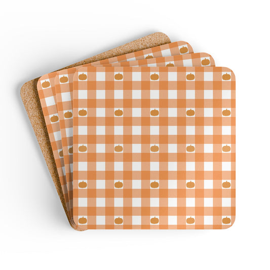 Pumpkin Gingham Coasters, Set of 4 - Thanksgiving Coasters, Fall Table Decor, Halloween Coaster Set, Pumpkin Design Coasters, Orange Gingham Coaster Gift Set, Cork Backed Coasters