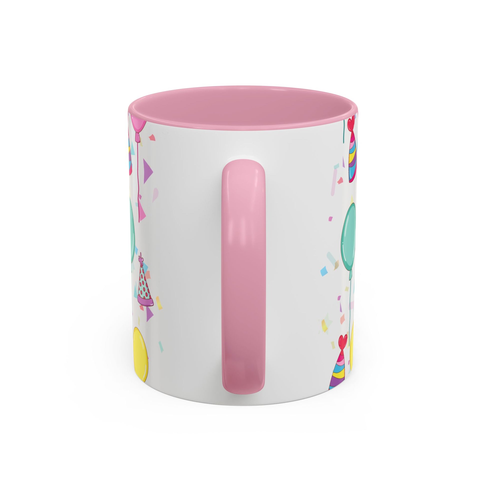 Happy Birthday mug with pink accent color with birthday hats, confetti and balloons pattern on a white background