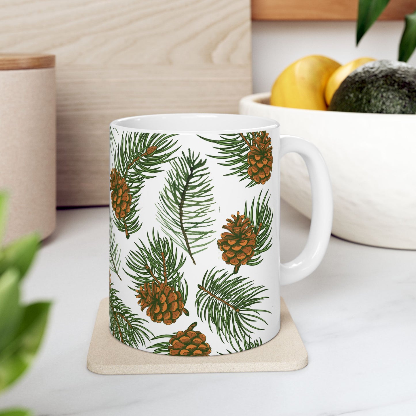 Needles & Cones Ceramic Mug - 11 oz. & 15 oz. options, Christmas Coffee Cup, Holiday Gift, Christmas Mug