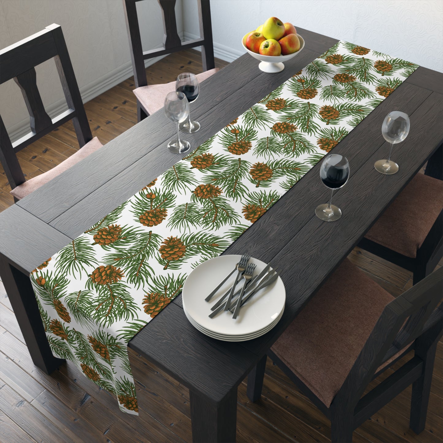 Needles & Cones Table Runner - 16" x 72" or 16" x 90" Size Options - Christmas Table Runner, Winter Table Decor, Holiday Table Runner - Cotton Twill or Polyester choices