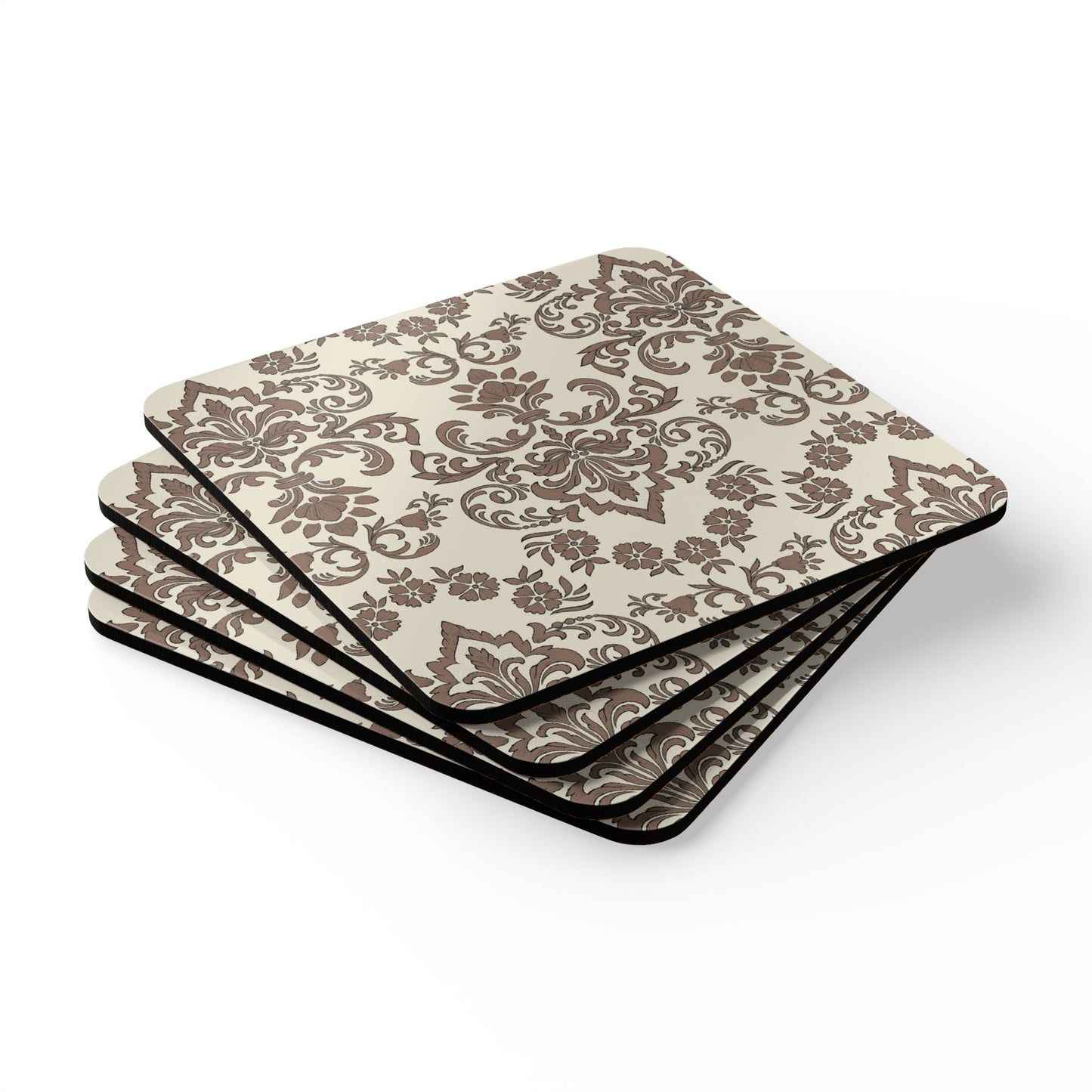 Baroque Mocha Square Coasters, Set of 4, Cork Backed Coasters, Stylish Home Decor, Fall Autumn Table Decor, Brown Coaster Gift Set, 3.75" x 3.75"