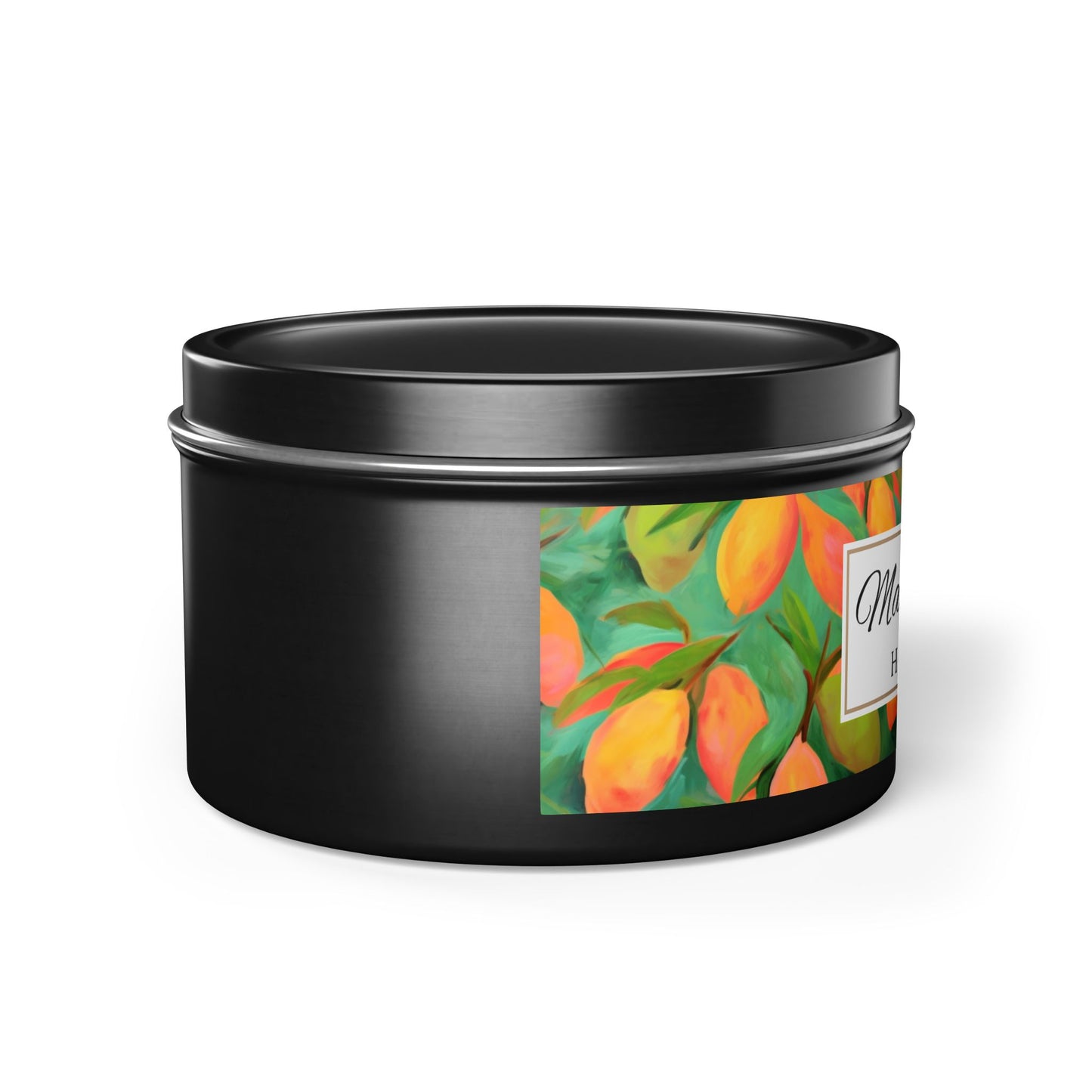 Mango Coconut Scented Coconut Apricot Wax Candle, 8 oz. Black Tin Jar with Lid - Fruity Candle, Gift for Her, Tropical Candle, Summer Decor