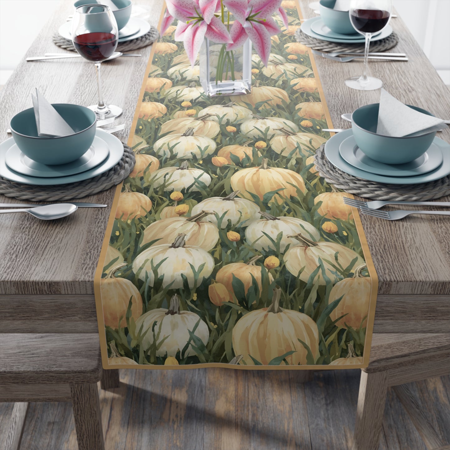 Pumpkin Patch Table Runner, 16" x 72" or 16" x 90" Sizes, Fall Table Decor, Thanksgiving Table Runner, Autumn Table Setting, Halloween Table Runner - Cotton Twill or Polyester material choices
