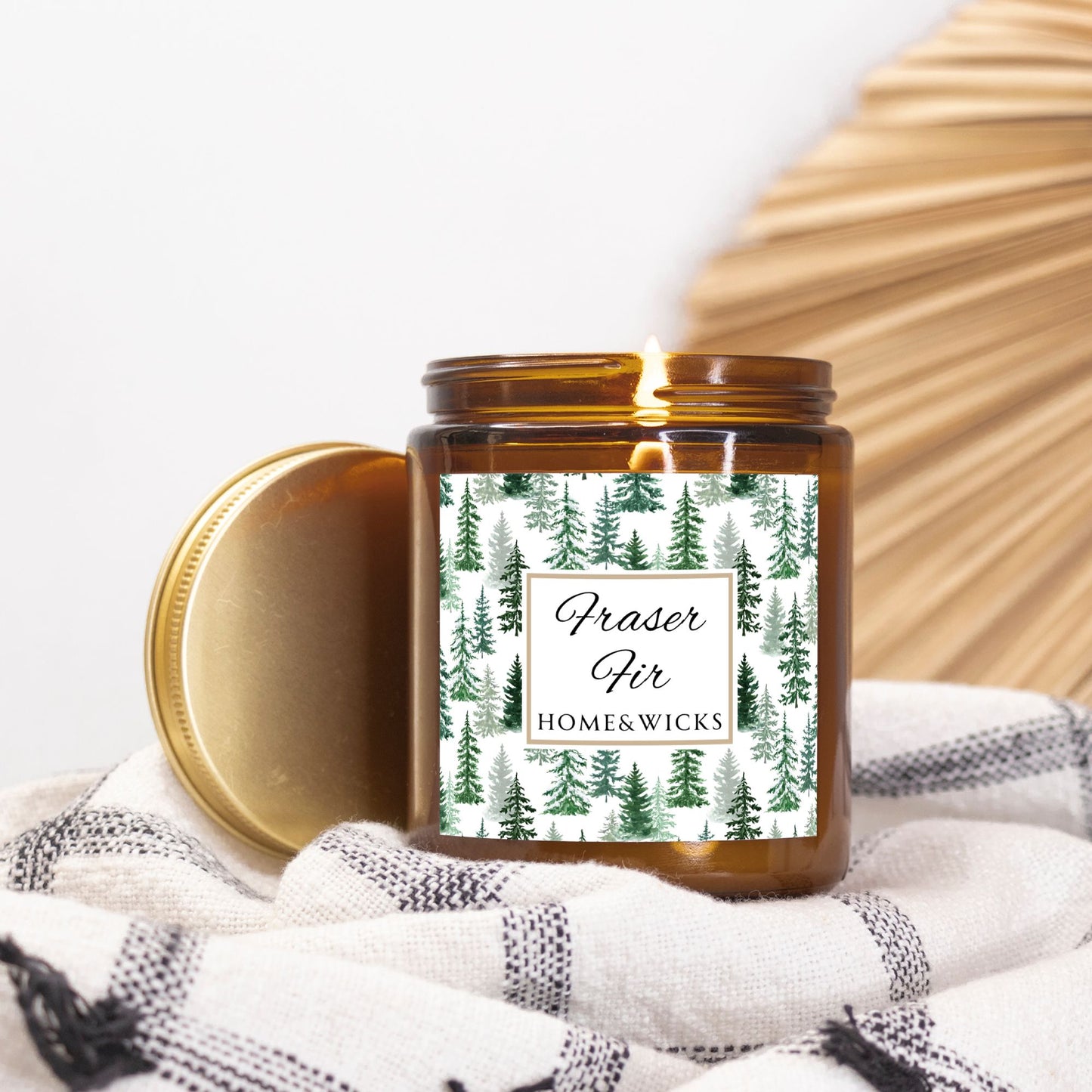Fraser Fir Coconut Apricot Wax Candle, 9 oz. Amber Jar with Gold Lid, Cotton Wick - Christmas Candle, Holiday Decor, Winter Candle