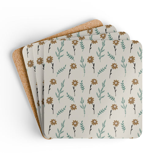 Chamomile Brown Coaster - Set of 4, Cork Backed Coasters, Farmhouse Home Decor, Fall Autumn Table Decor, Floral Coaster Gift Set, 3.75" x 3.75"