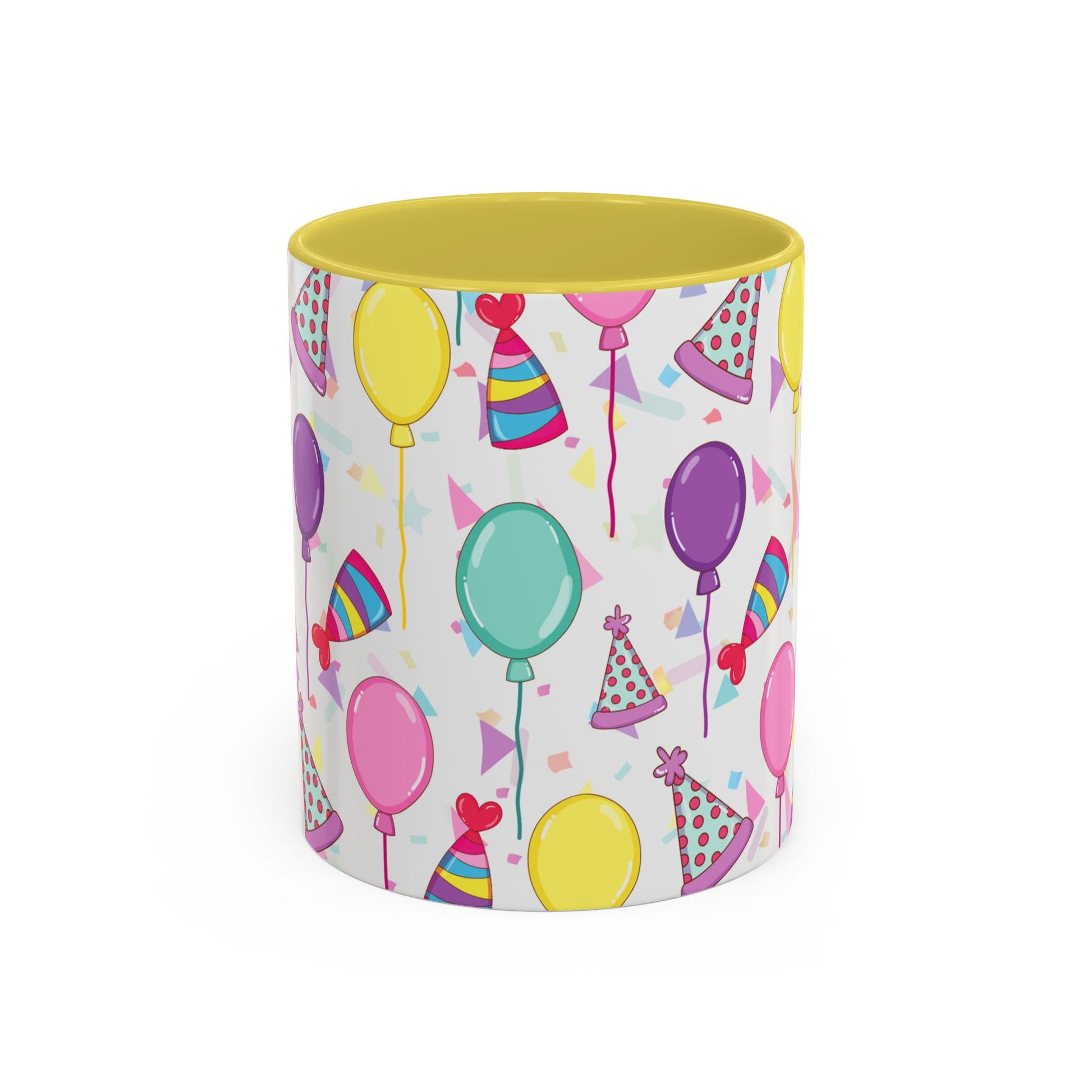 Happy Birthday mug with yellow accent color with birthday hats, confetti and balloons pattern on a white background