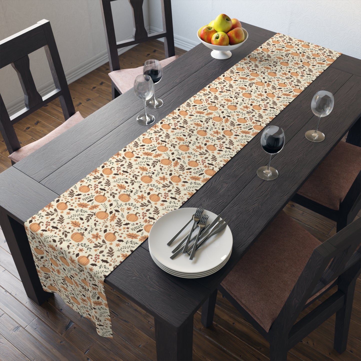Fall Leaves & Pumpkins Table Runner - 16" x 72" or 16" x 90" Sizes, Fall Table Runner, Thanksgiving Table Decor, Halloween Table Runner - Cotton Twill or Polyester material choices