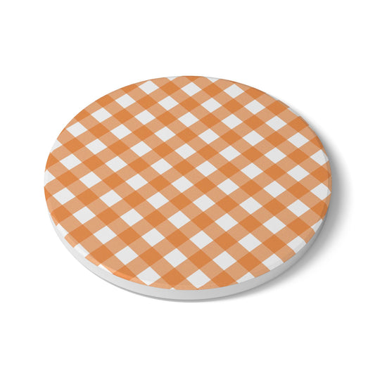 Orange Gingham Ceramic Tile Coaster, Round or Square Size Choices, Orange Checkered Ceramic Tile Coaster, Farmhouse Style Coaster, Halloween Coaster, Fall Table Decor, Orange Ceramic Tile Coaster. Priced per coaster