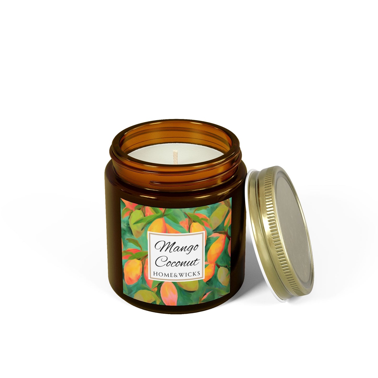 Mango Coconut Scented Coconut Apricot Wax Candle, 4 oz. Amber Jar with Gold Lid - Fruity Candle, Gift for Her, Tropical Candle