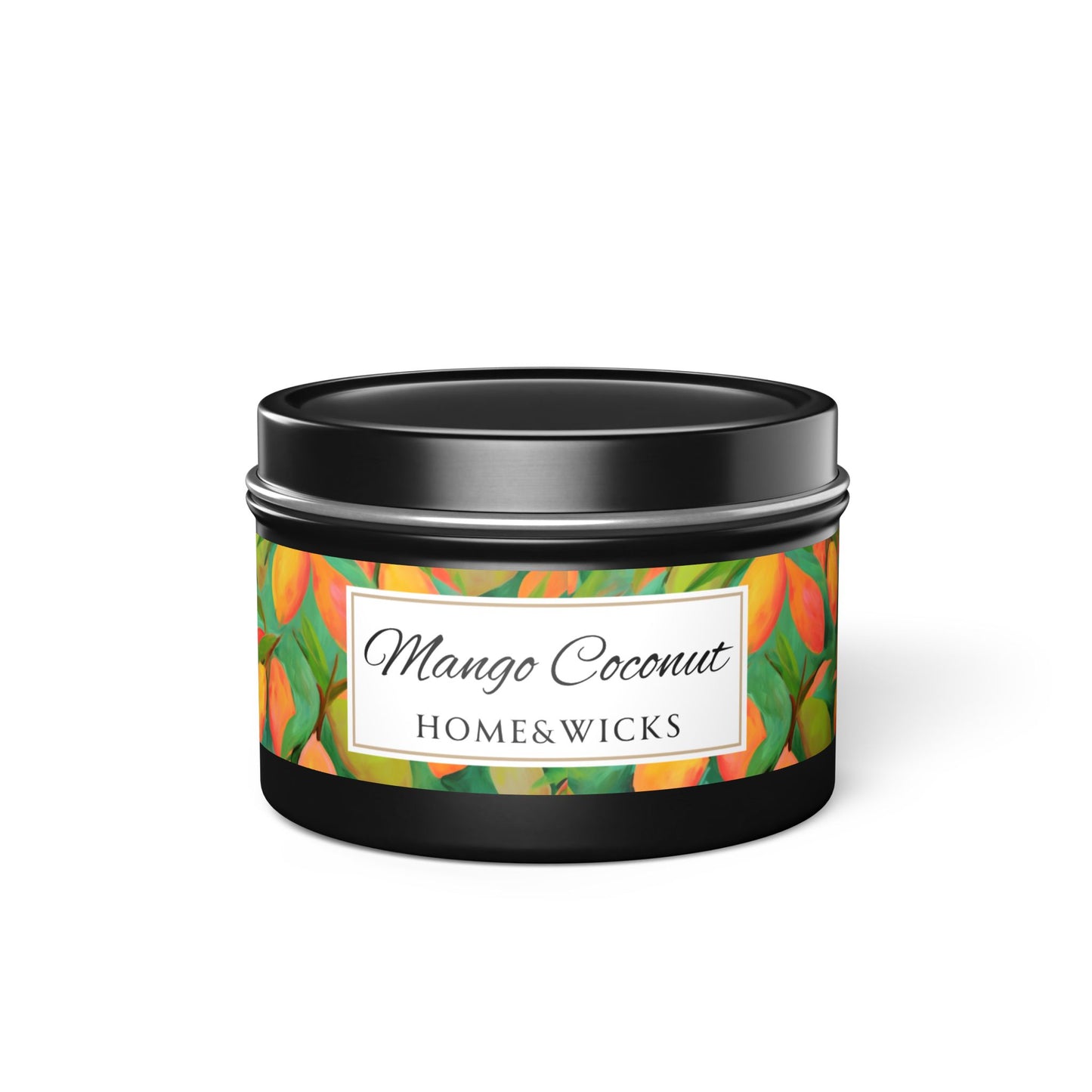 Mango Coconut Scented Coconut Apricot Wax Candle, 4 oz. Black Tin Jar with Lid - Fruity Candle, Gift for Her, Tropical Candle, Summer Decor