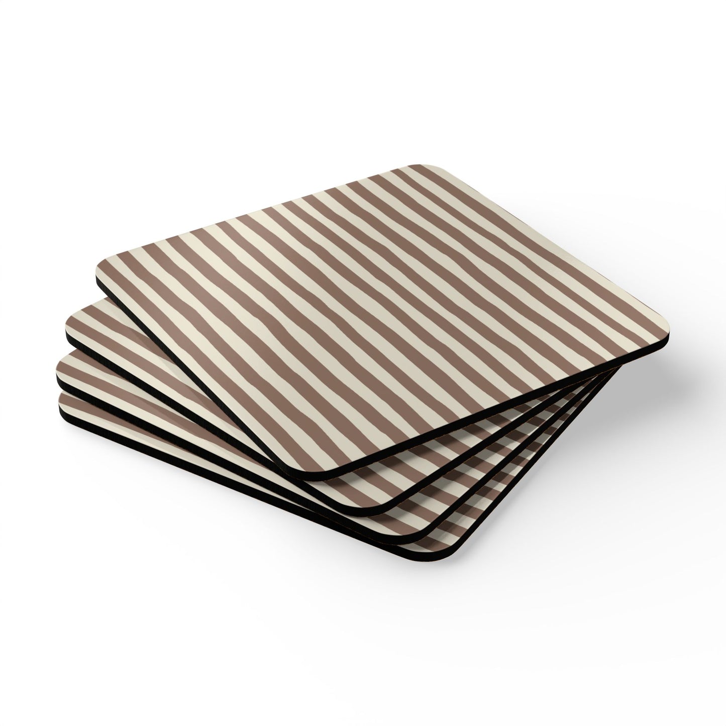 Striped Mocha Square Coasters, Set of 4, Cork Backed Coasters, Farmhouse Home Decor, Fall Autumn Table Decor, Fall Coaster Gift Set, 3.75" x 3.75"