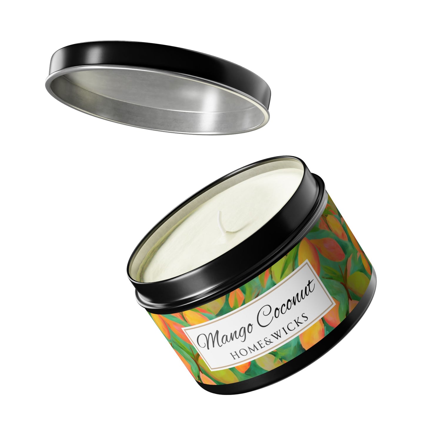 Mango Coconut Scented Coconut Apricot Wax Candle, 8 oz. Black Tin Jar with Lid - Fruity Candle, Gift for Her, Tropical Candle, Summer Decor