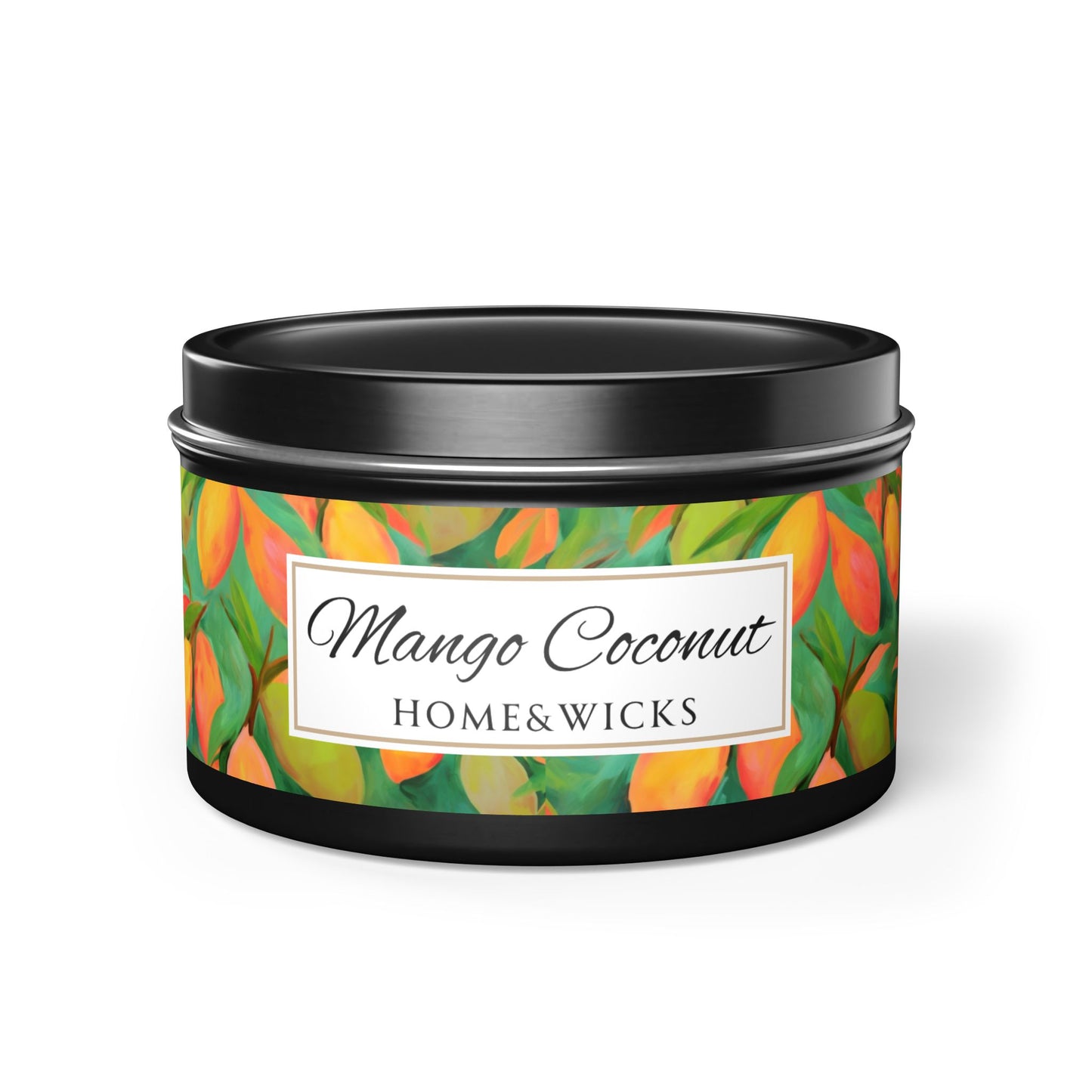 Mango Coconut Scented Coconut Apricot Wax Candle, 8 oz. Black Tin Jar with Lid - Fruity Candle, Gift for Her, Tropical Candle, Summer Decor