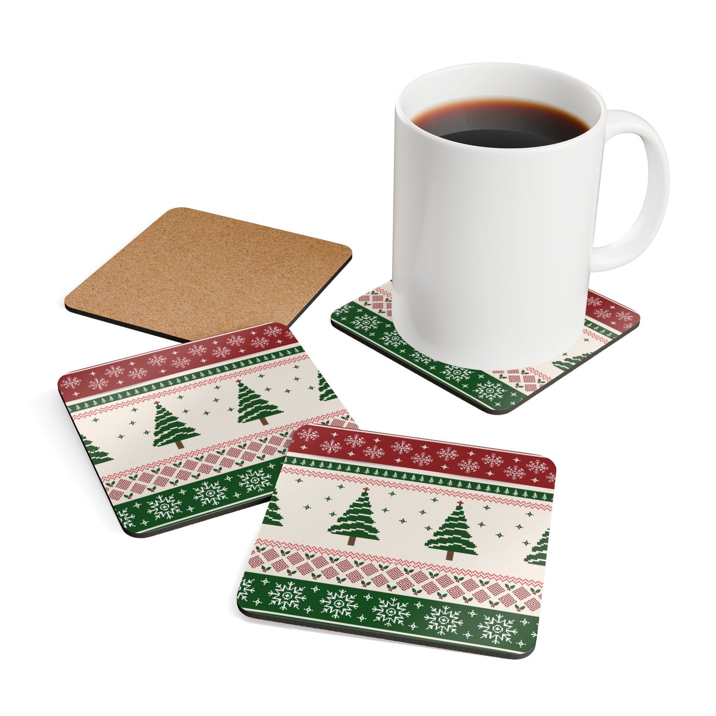 Christmas Trees Coasters, Set of 4, Green and Red Coaters, Christmas Table Decor, Coasters Gift Set, Cork Backed Coasters, Christmas Drink Coasters