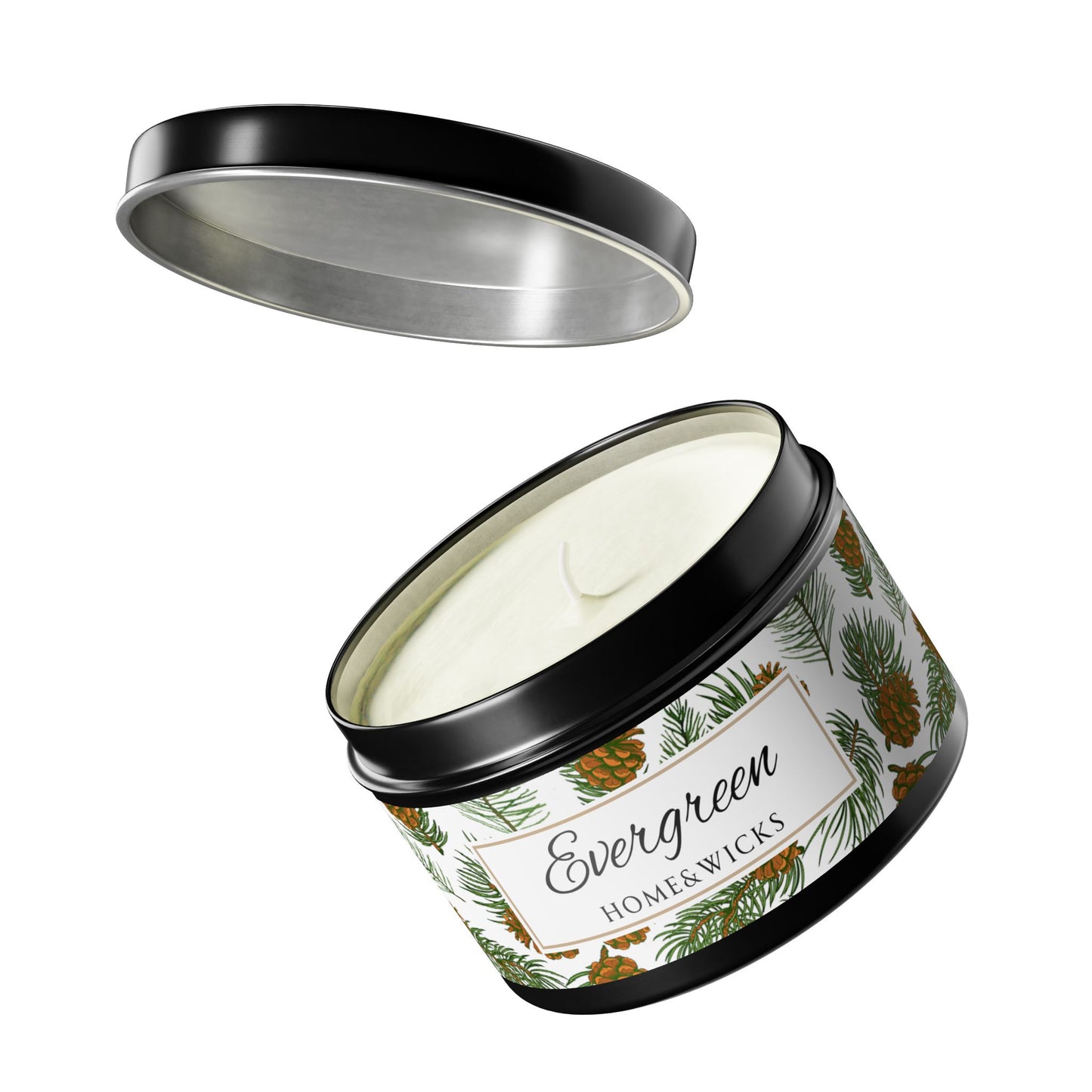 Evergreen Scented Coconut Soy Wax Candle, 8 oz. Black Tin Jar with Lid - Winter Home Decor, Seasonal Candles for Holiday Celebrations, Christmas Candle