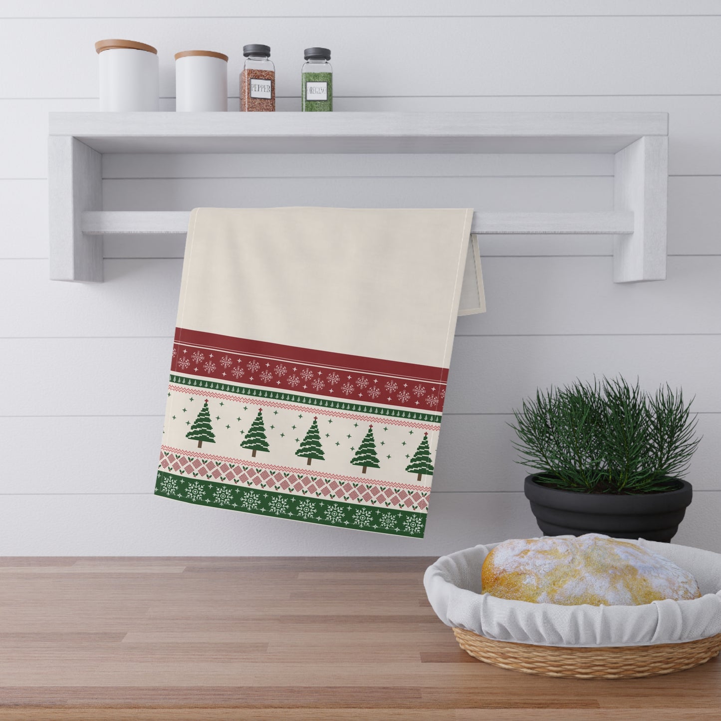 Christmas Trees Beige Tea Towel - 18" x 30", 100% Cotton Twill - Christmas Kitchen Towels, Cotton Holiday Kitchen Towels, Christmas Tea Towel, Gift for Christmas - Priced per towel