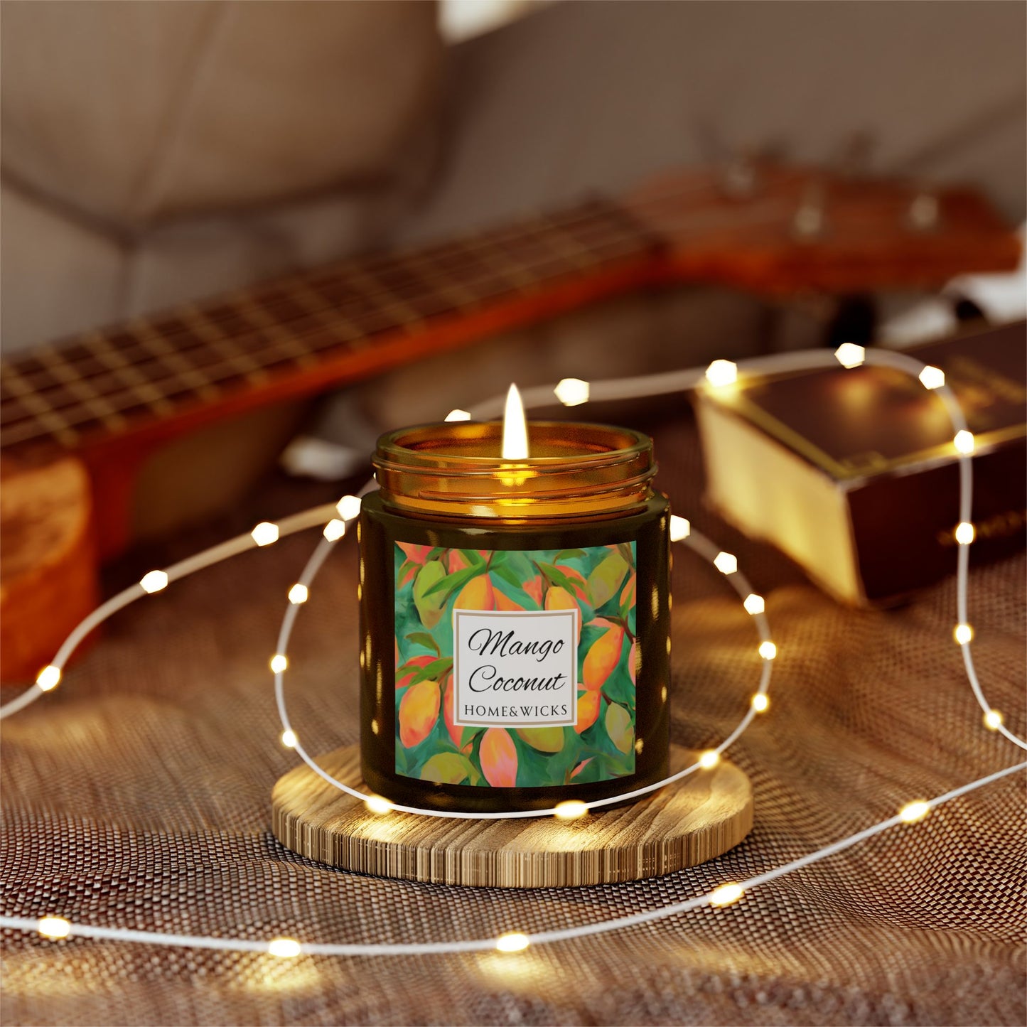 Mango Coconut Scented Coconut Apricot Wax Candle, 4 oz. Amber Jar with Gold Lid - Fruity Candle, Gift for Her, Tropical Candle