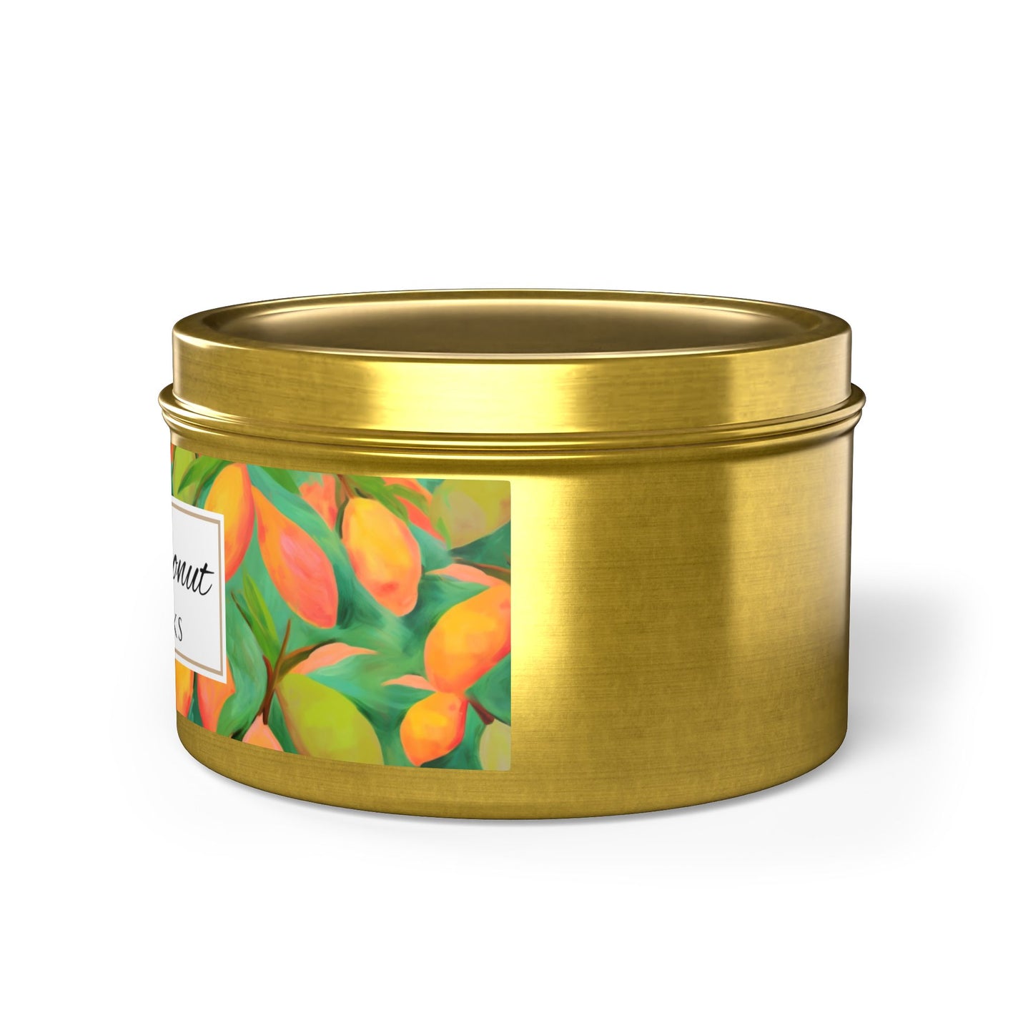 Mango Coconut Scented Coconut Apricot Wax Candle, 8 oz. Gold Tin Jar with Lid - Fruity Candle, Gift for Her, Tropical Candle, Summer Decor