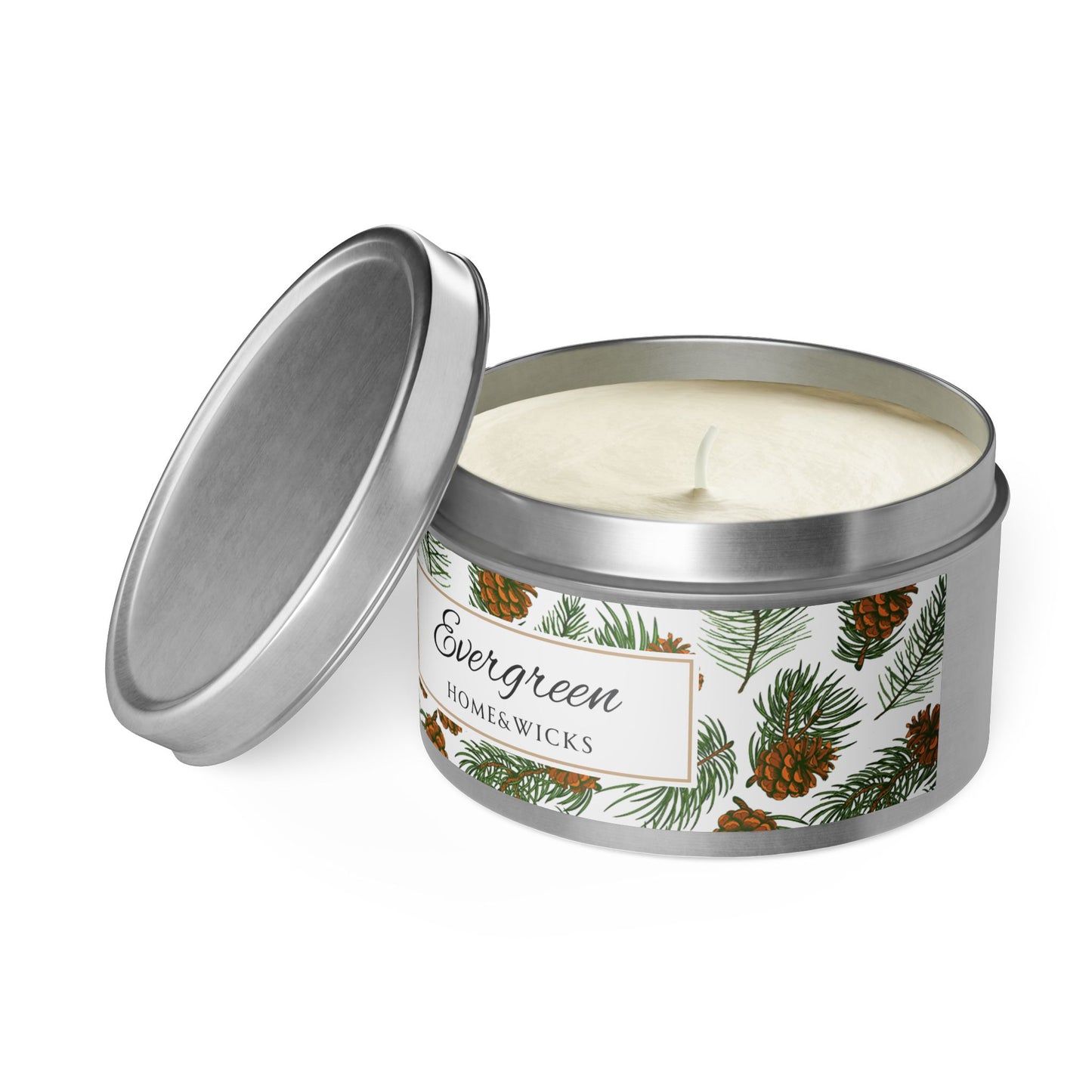 Evergreen Scented Coconut Soy Wax Candle, 8 oz. Silver Tin Jar with Lid - Winter Home Decor, Seasonal Candles for Holiday Celebrations, Christmas Candles