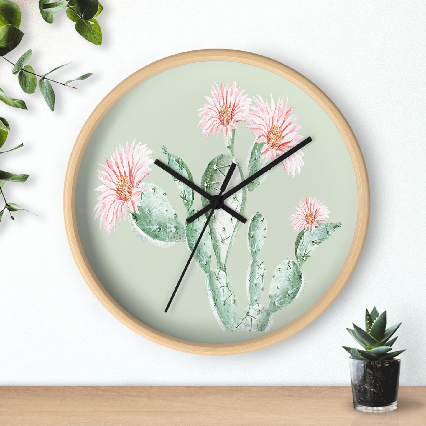 Cactus Flower Wall Clock - Select from Black, White or Natural Wood Color