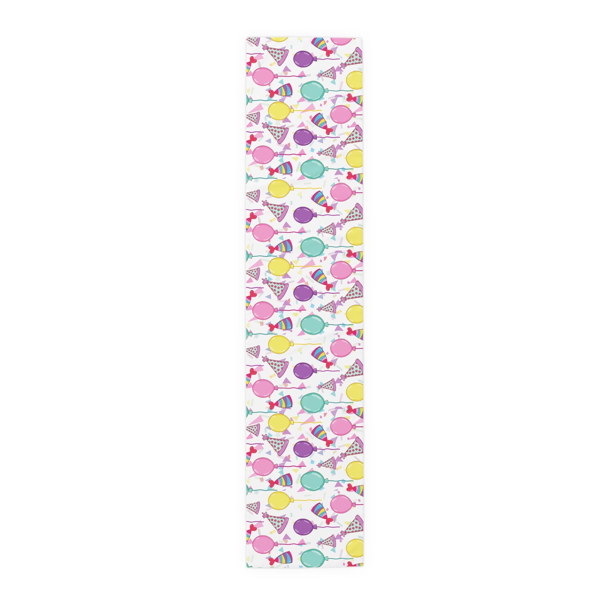 Table runner with birthday hats, confetti and purple, yellow, blue and pink balloons on a white background 