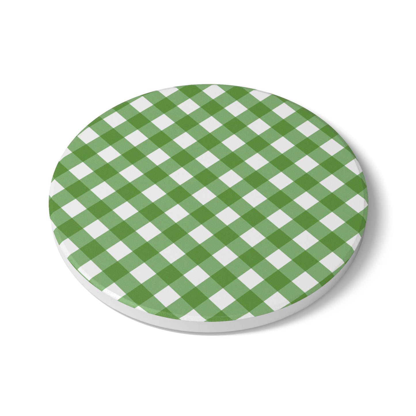 Green Gingham Ceramic Tile Coaster - Cork Backed, Round or Square Size Choices, Perfect for Christmas, Green Home Decor & Gifts - Priced per coaster