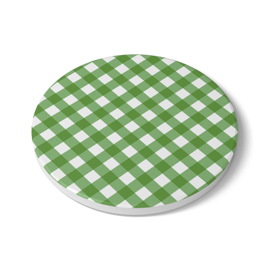 Green Gingham Ceramic Tile Coaster - Cork Backed, Round or Square Size Choices, Perfect for Christmas, Green Home Decor & Gifts - Priced per coaster