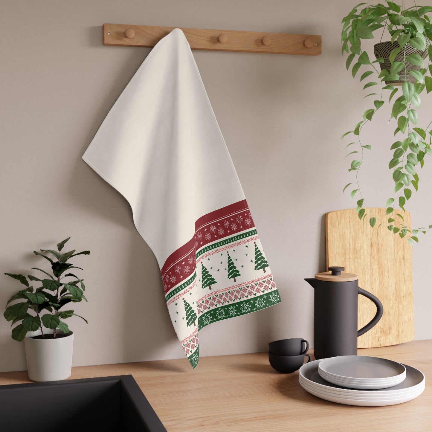 Christmas Trees Beige Tea Towel - 18" x 30", 100% Cotton Twill - Christmas Kitchen Towels, Cotton Holiday Kitchen Towels, Christmas Tea Towel, Gift for Christmas - Priced per towel