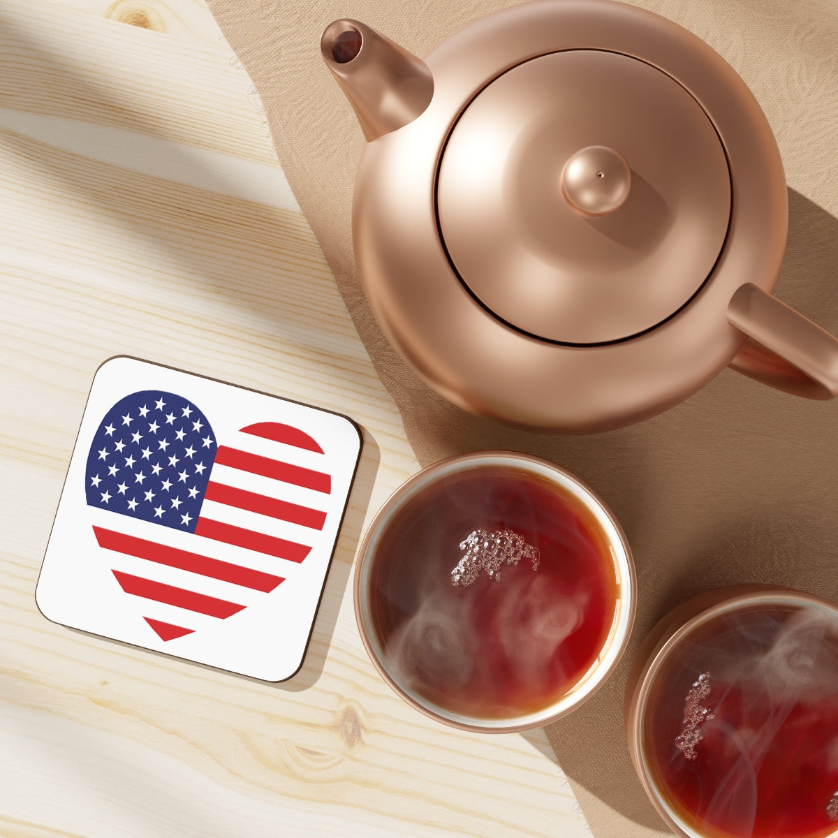 American Flag Heart Square Hardboard Coaster, Cork Backing 3.75"x3.75", USA Flag Coaster Memorial Day, 4th of July Decor, Priced per coaster
