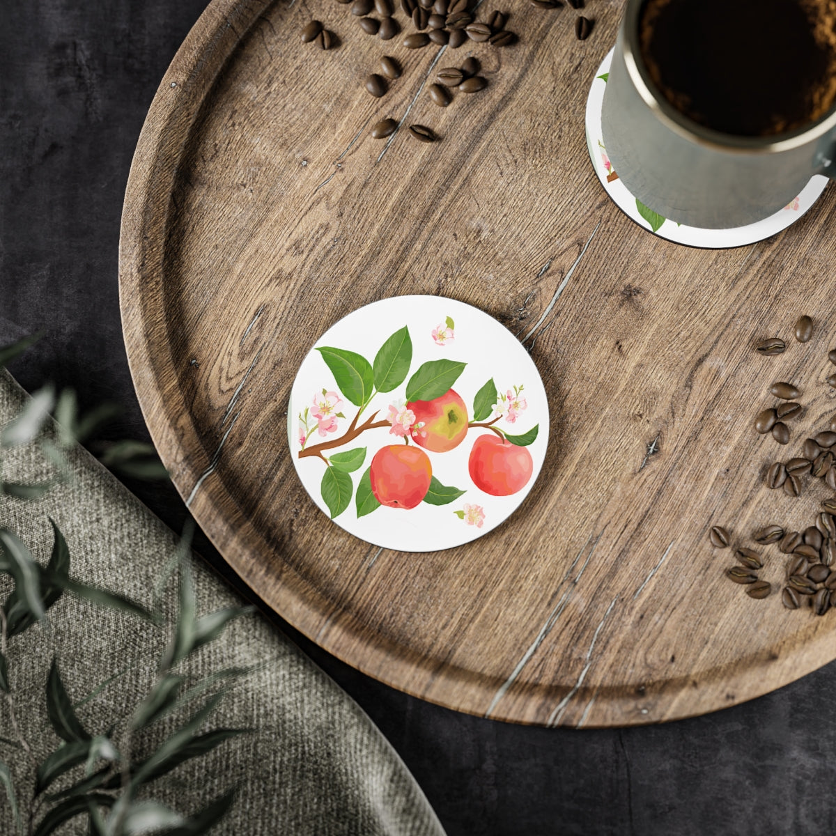 Apple Harvest - Round Hardboard Coaster, Cork Backed  - 3.75" x 3.75" - Priced per coaster
