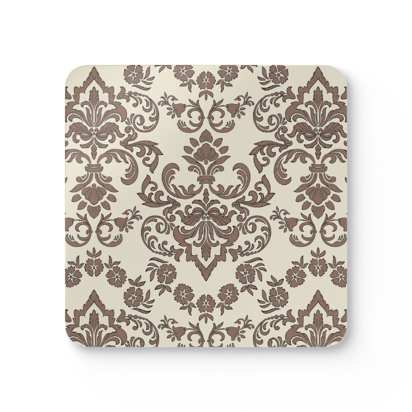 Decorative Baroque Mocha coaster with brown floral pattern on a beige background