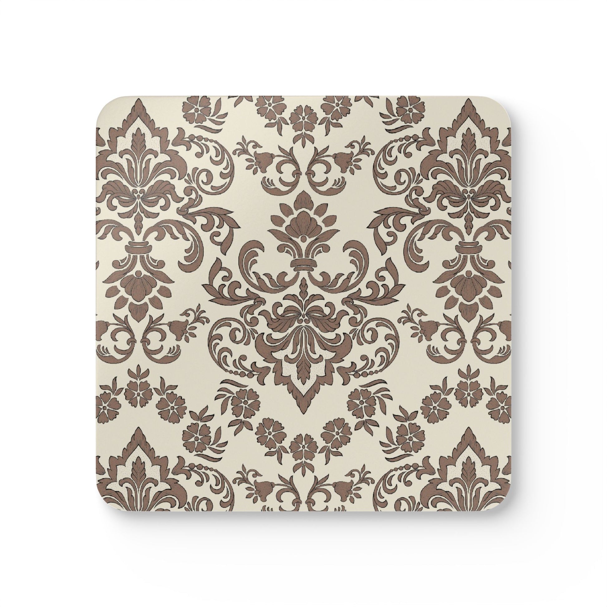 Decorative Baroque Mocha coaster with brown floral pattern on a beige background