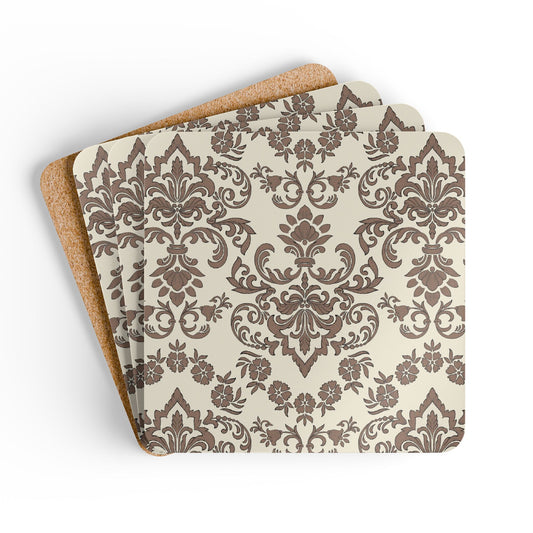Set of four Baroque Mocha coasters with brown floral pattern on beige background