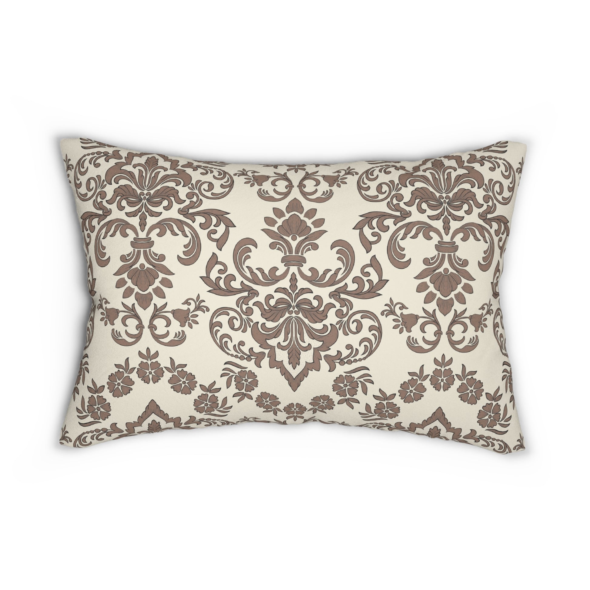 Decorative Baroque Mocha lumbar pillow with brown floral pattern on a beige back