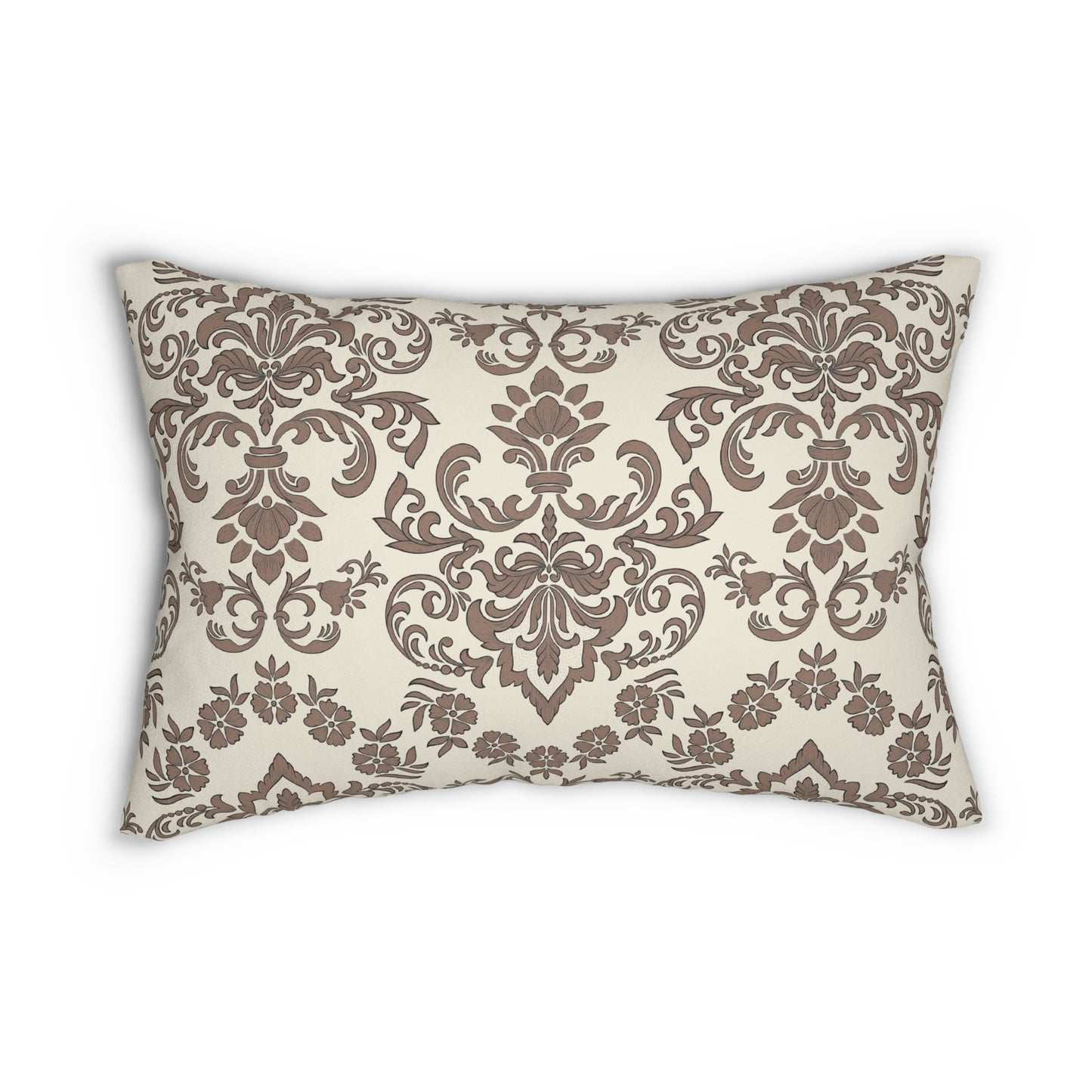 Decorative Baroque Mocha lumbar pillow with brown floral pattern on a beige background