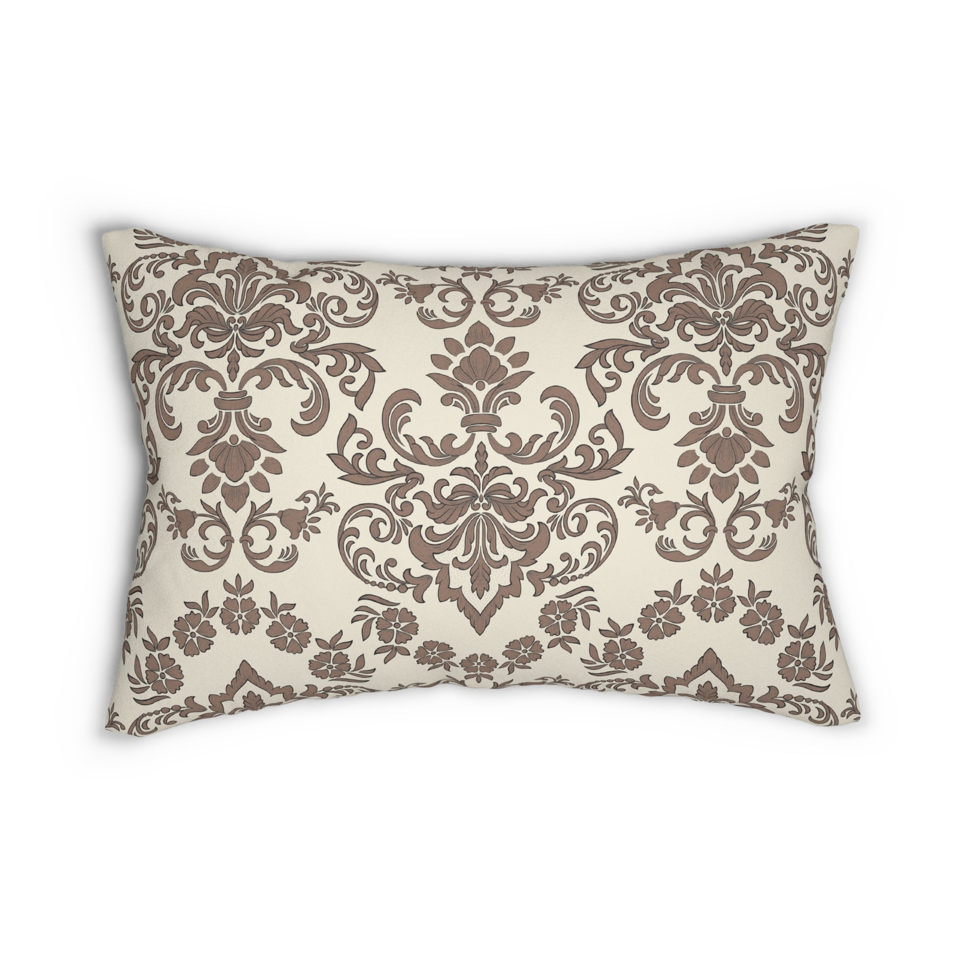 Decorative Baroque Mocha lumbar pillow with brown floral pattern on a beige background