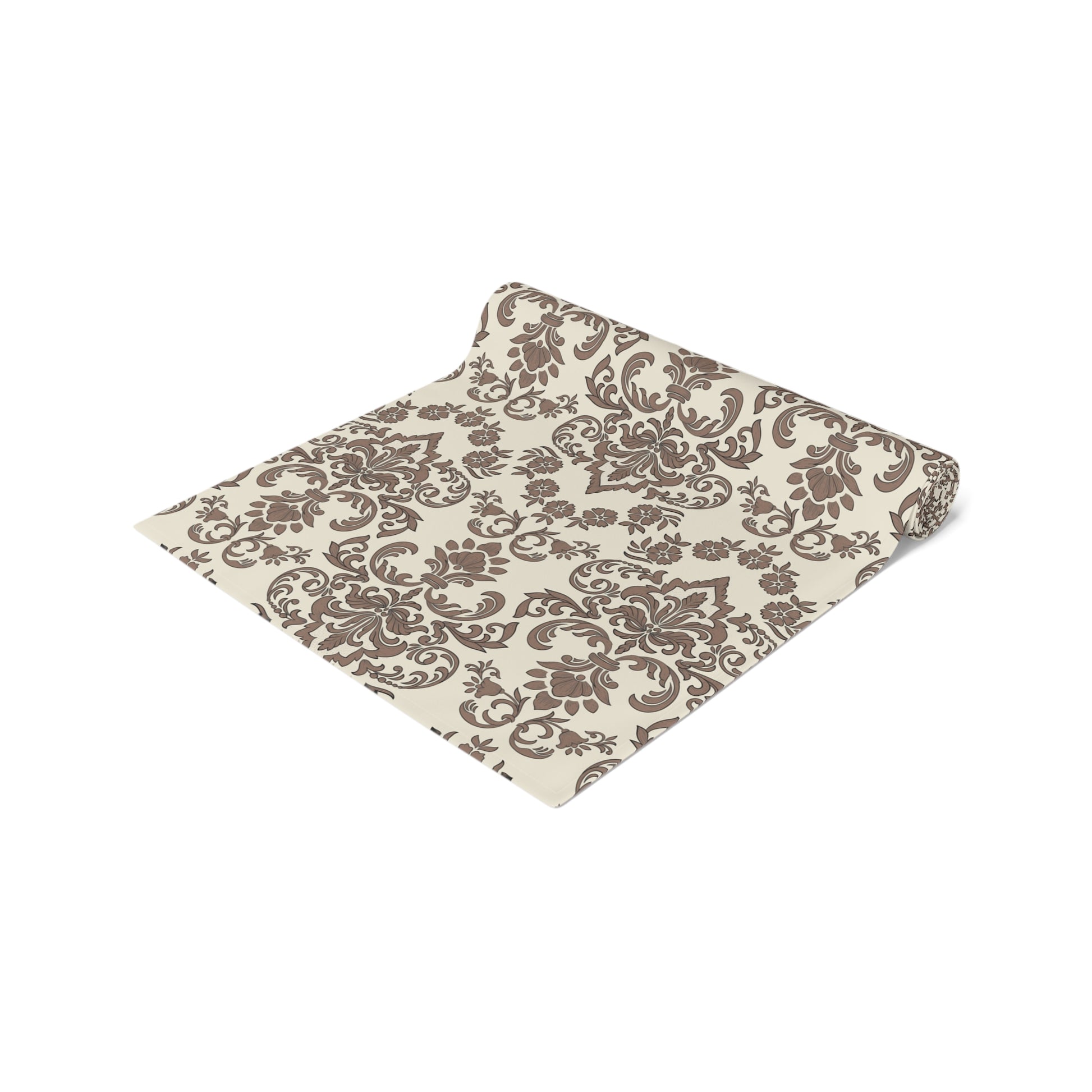 Baroque Mocha table runner, with a damask pattern fabric, rolled on a white background