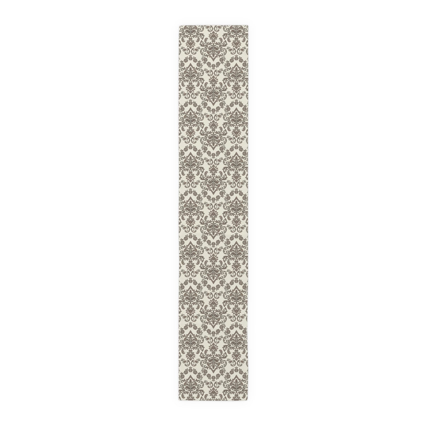Baroque Mocha table runner with a decorative brown and beige damask pattern on a white background