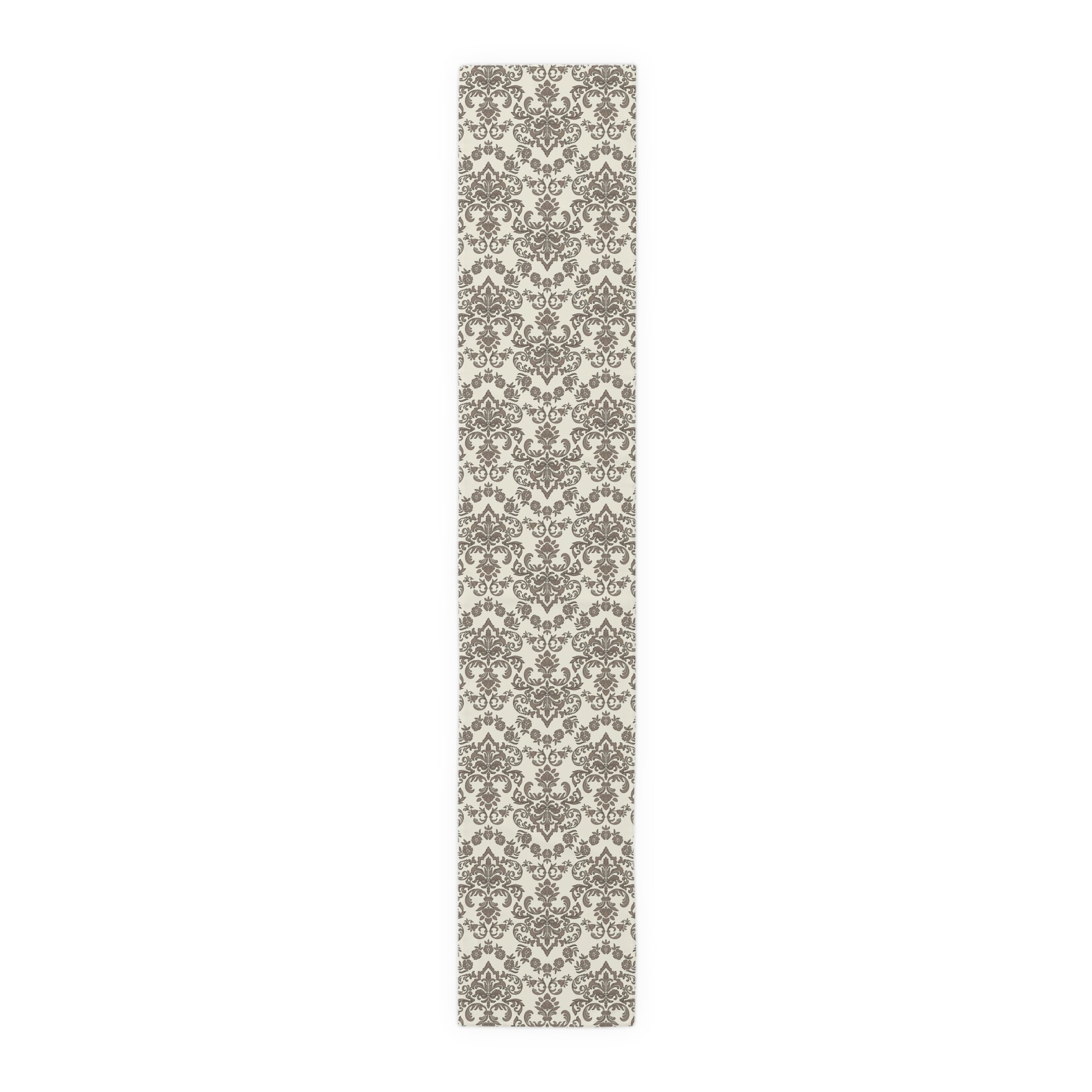 Baroque Mocha table runner with a decorative brown and beige damask pattern on a white background
