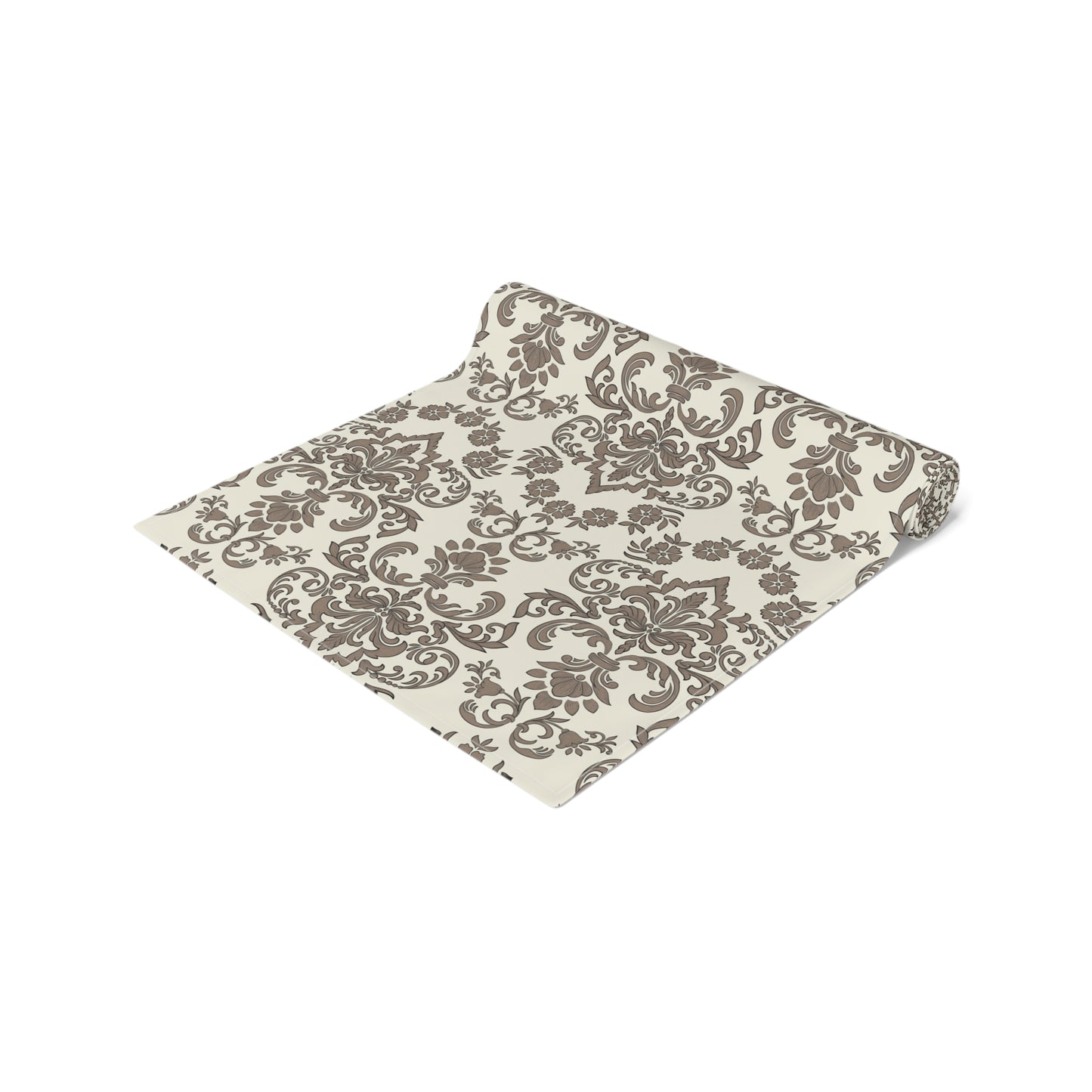 Rolled Baroque Mocha table runner with a brown and beige damask floral patterned fabric on a white background